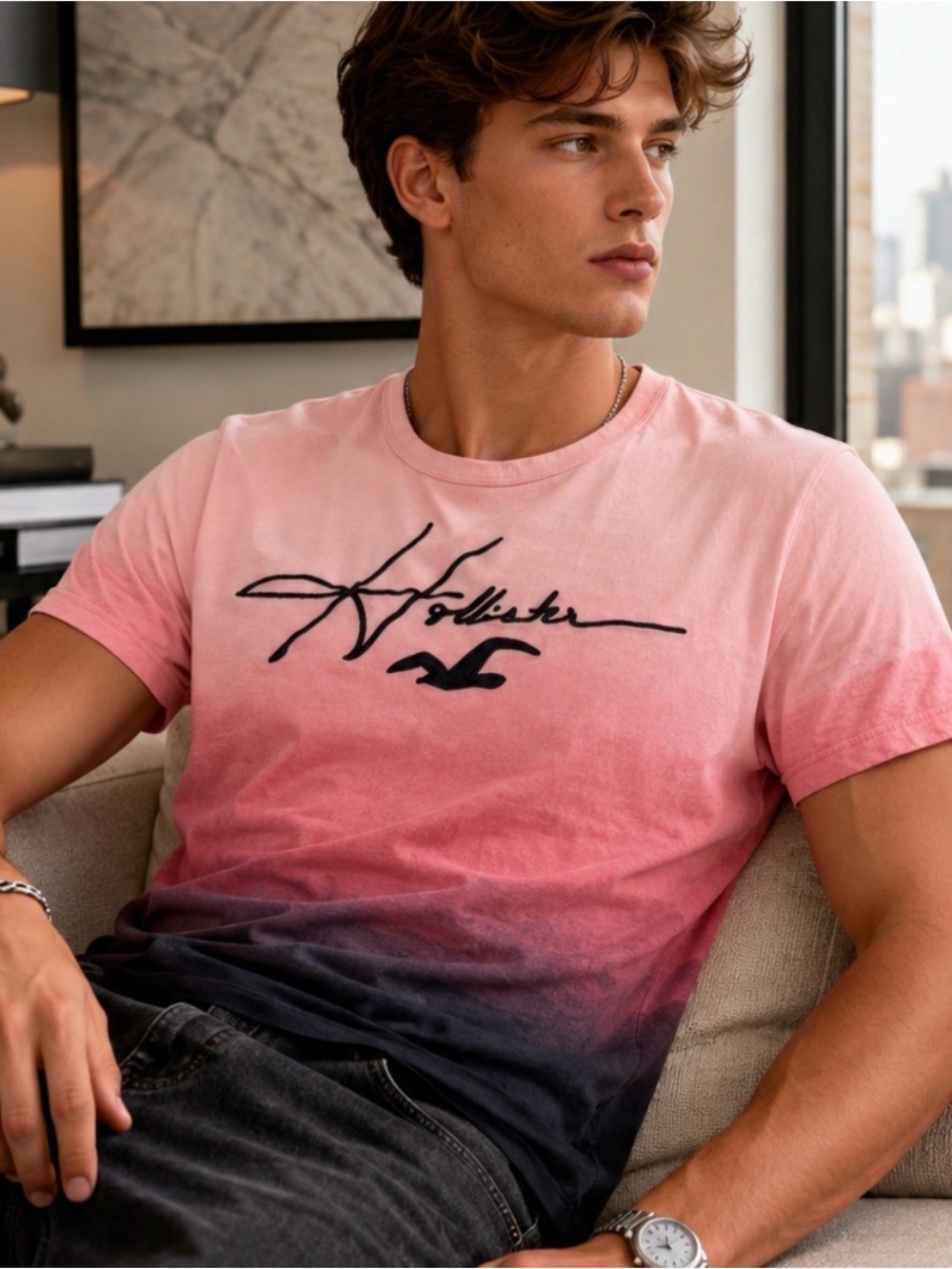 Hollister Pink to Black Ombre Logo Tee